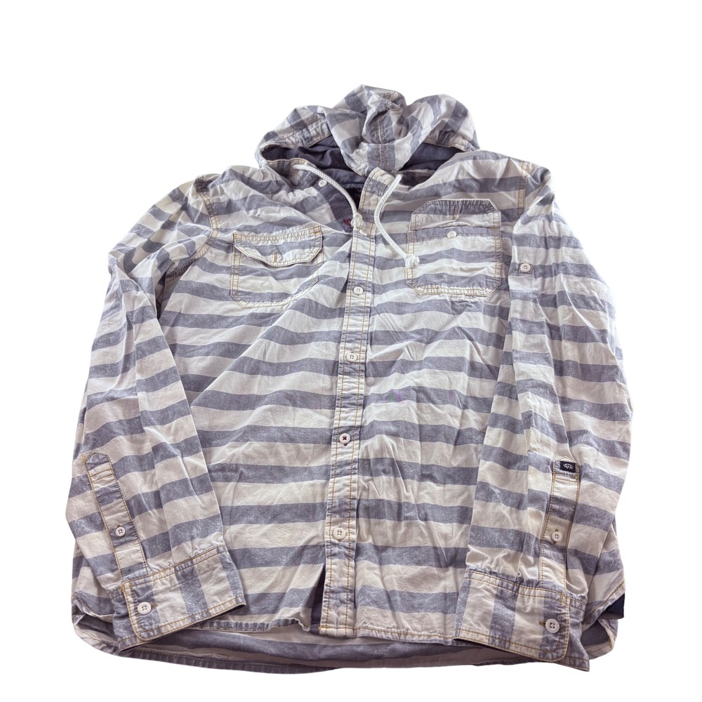 Buffalo‎ David Bitton Striped Hooded Button Down Shirt Grey White Womens Large